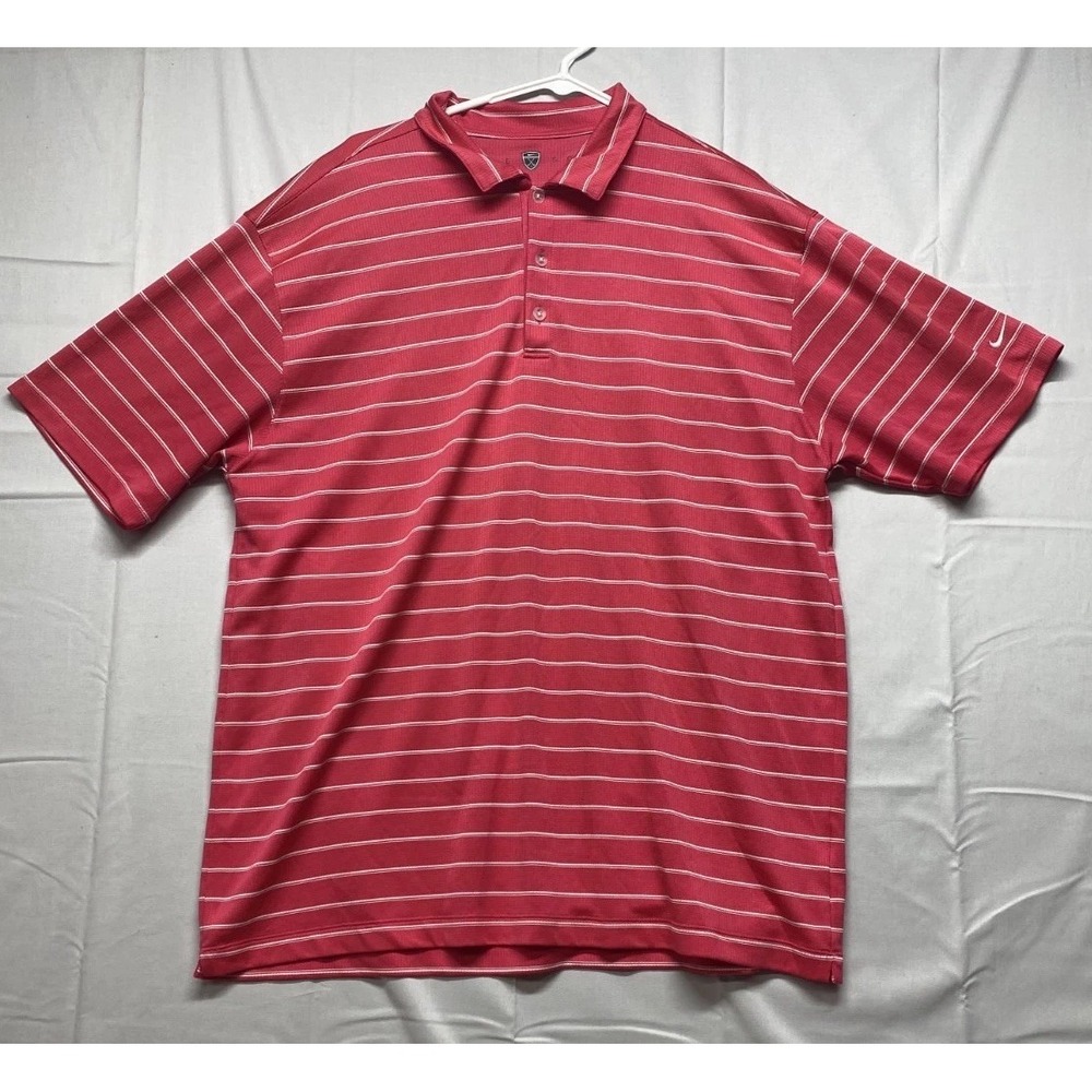 Nike Golf Polo Shirt Mens XL Red White Striped Logo Short Sleeve Performance